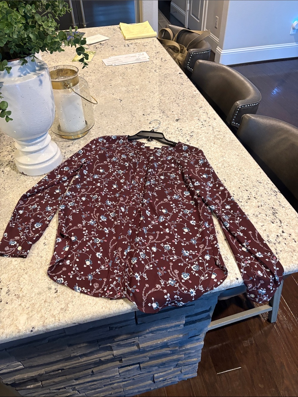 LOFT Burgundy Floral Button-Front Blouse